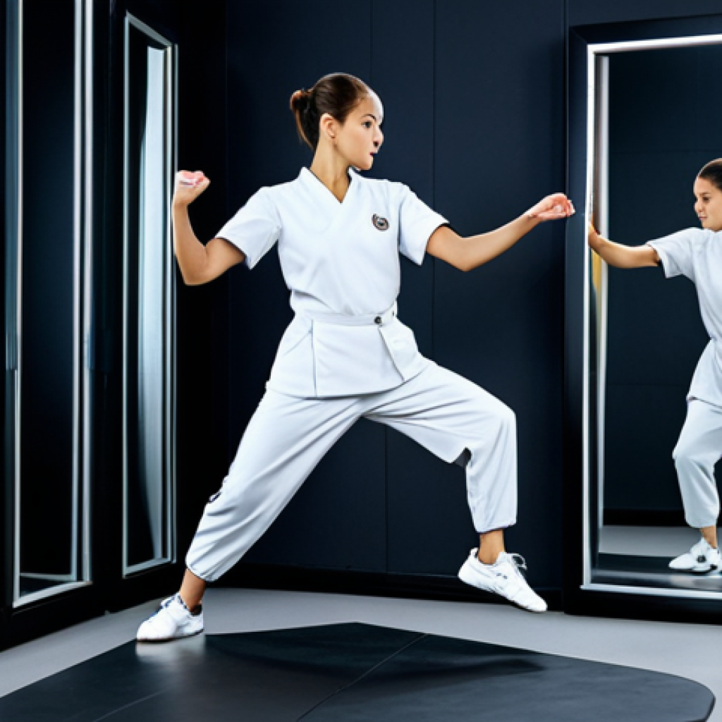 "A跆拳道 athlete fully clothed in a professional uniform, practicing slow-motion kicks in a training studio with mirrors. Perfect anatomy, correct proportions, well-formed hands, proper finger count, natural pose, safe for work, appropriate content, modest, professional."