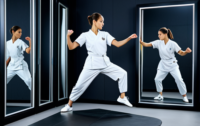 "A跆拳道 athlete fully clothed in a professional uniform, practicing slow-motion kicks in a training studio with mirrors. Perfect anatomy, correct proportions, well-formed hands, proper finger count, natural pose, safe for work, appropriate content, modest, professional."