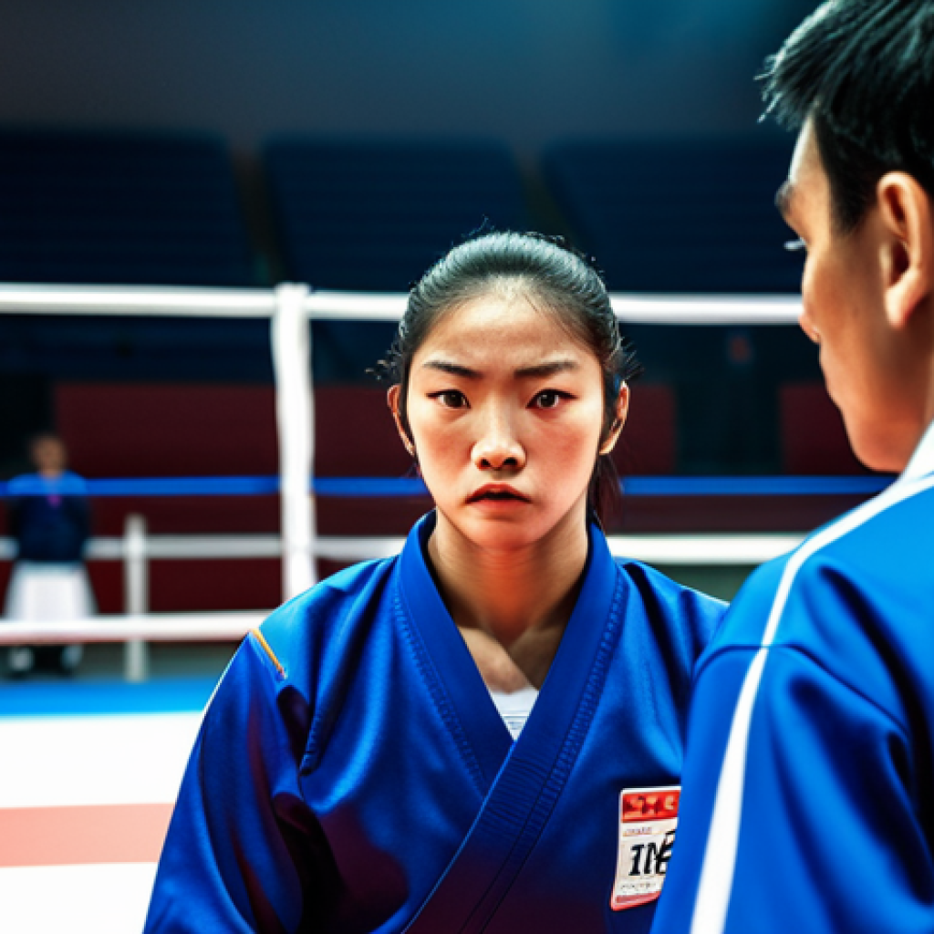 Focused Referee**
"A professional Taekwondo referee in standard uniform, carefully observing a match between two fully clothed athletes in a brightly lit arena. Expression is serious and focused. Safe for work, appropriate content, fully clothed, professional, perfect anatomy, natural proportions, high quality."
**