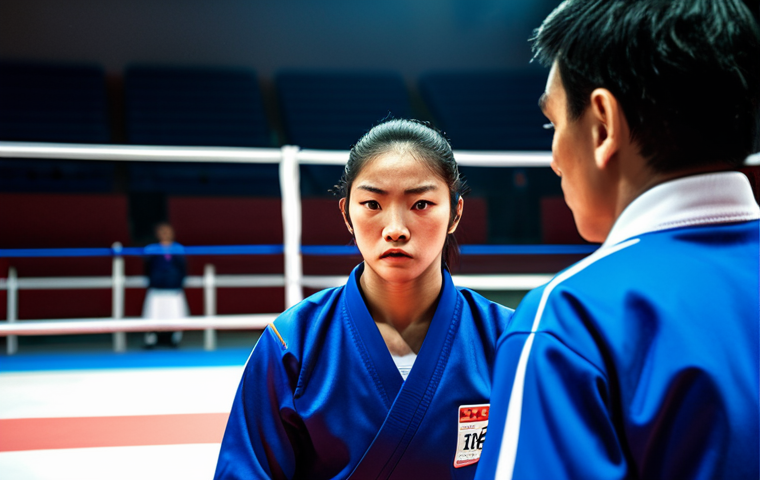Focused Referee**

"A professional Taekwondo referee in standard uniform, carefully observing a match between two fully clothed athletes in a brightly lit arena. Expression is serious and focused. Safe for work, appropriate content, fully clothed, professional, perfect anatomy, natural proportions, high quality."

**