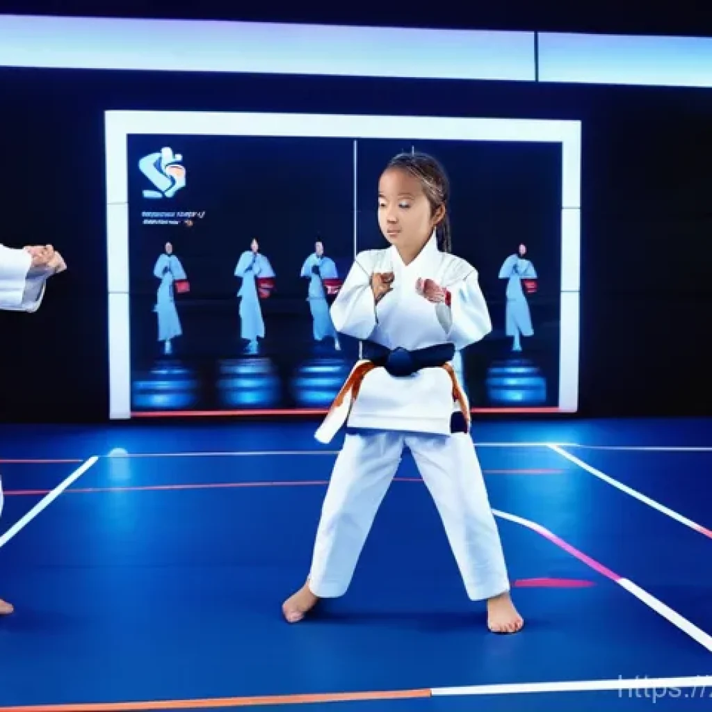 태권도 도장 인테리어 트렌드 - **Prompt: Futuristic Taekwondo Training with VR Integration**
"An energetic group of elementary ...