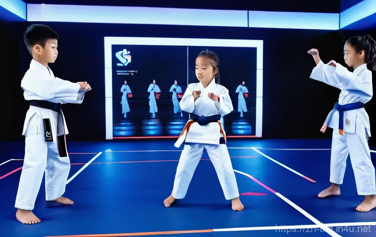 태권도 도장 인테리어 트렌드 - **Prompt: Futuristic Taekwondo Training with VR Integration**
    "An energetic group of elementary ...