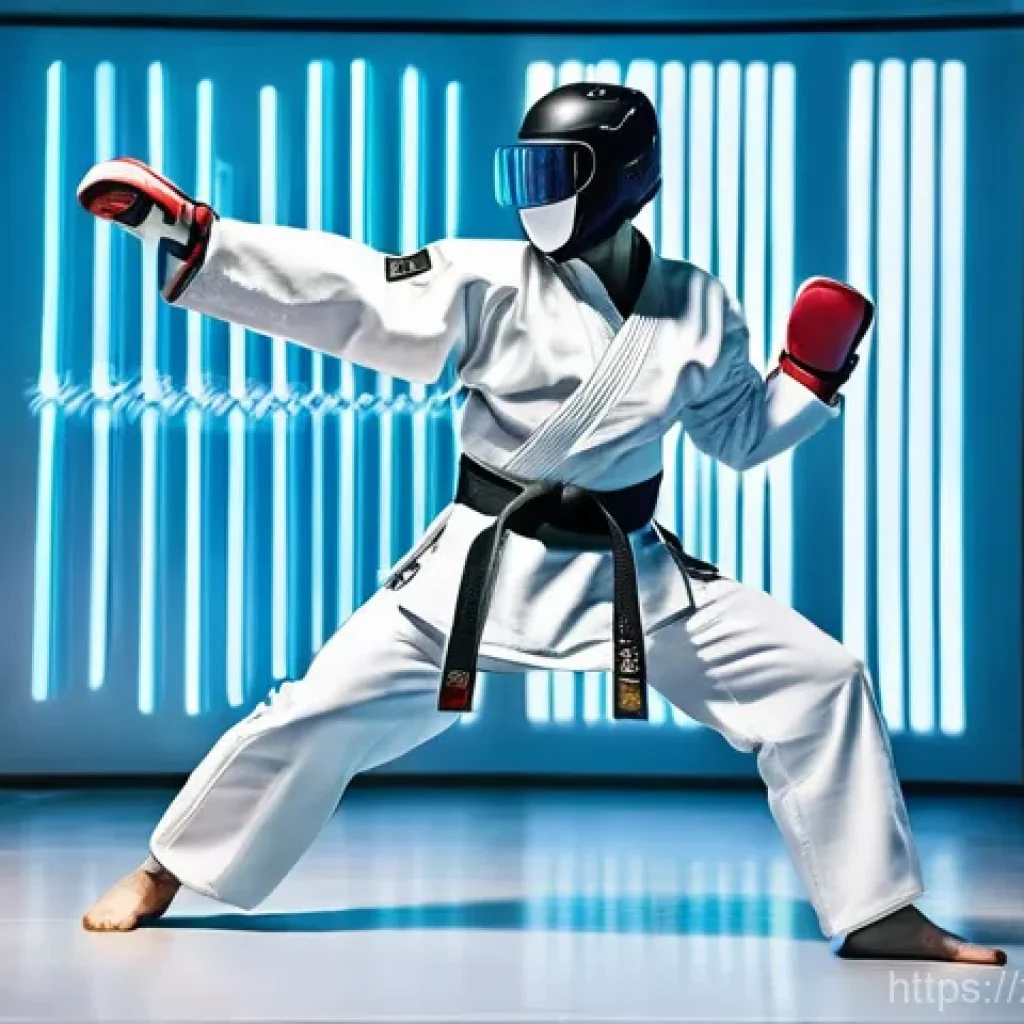 태권도 관련 논문 주제 아이디어 - **Prompt:** A dynamic, high-definition action shot of a male Taekwondo athlete performing a powerful...