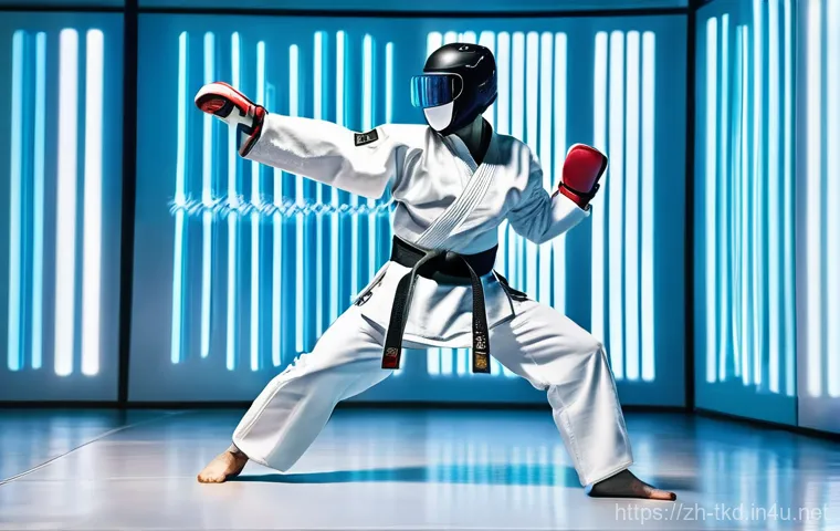 태권도 관련 논문 주제 아이디어 - **Prompt:** A dynamic, high-definition action shot of a male Taekwondo athlete performing a powerful...