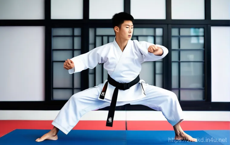 태권도 경기용 바닥재 정보 - Prompt 1: Dynamic High-Kick Landing on a Cushioned Mat**