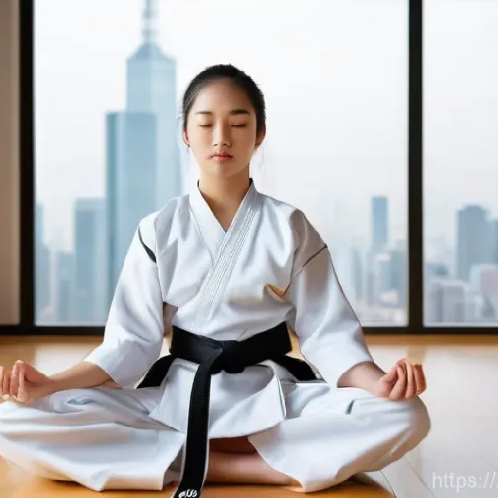 태권도 도장에서의 생활 - **Prompt:** A young adult, female, in a clean, crisp white Taekwondo dobok (uniform), with a black b...