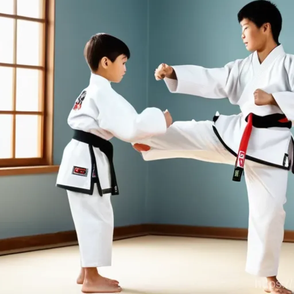 태권도 학원 추천 방법 - **Prompt:** A warm and encouraging female Taekwondo instructor, in her early 30s, patiently demonstr...