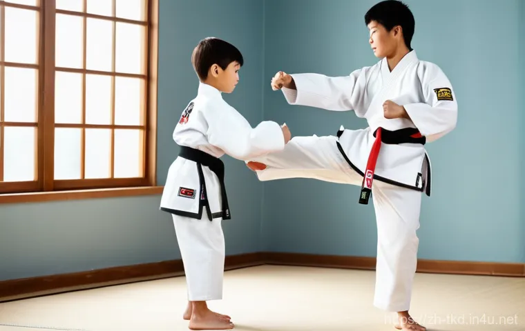 태권도 학원 추천 방법 - **Prompt:** A warm and encouraging female Taekwondo instructor, in her early 30s, patiently demonstr...