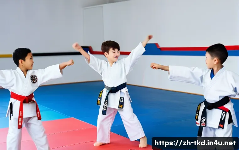 태권도 이벤트 개최 방법 - **A group of young children (ages 6-8) are participating in a taekwondo class. They are wearing whit...