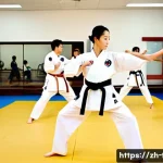 태권도 온라인 커뮤니티 추천 - **Prompt:** A vibrant, dynamic scene inside a spacious, modern Taekwondo dojang. A diverse group of ...