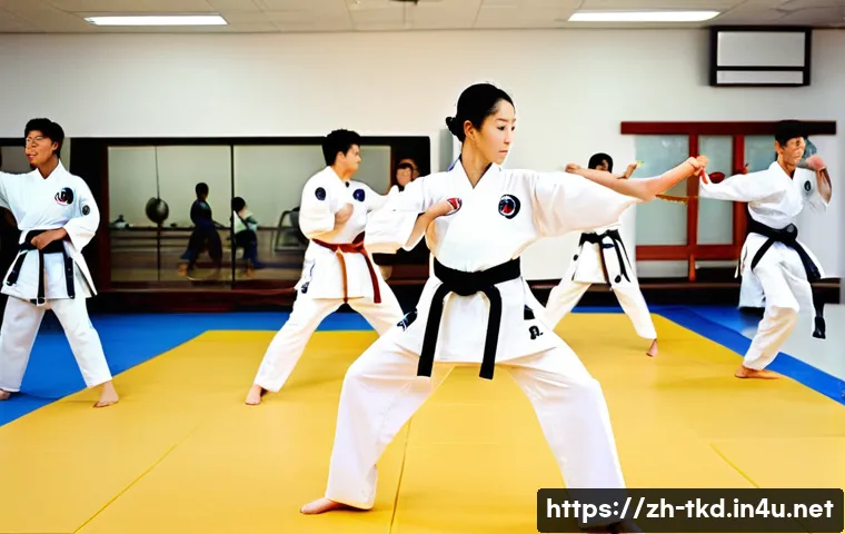 태권도 온라인 커뮤니티 추천 - **Prompt:** A vibrant, dynamic scene inside a spacious, modern Taekwondo dojang. A diverse group of ...