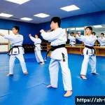 태권도 도장에서의 안전 규정 - **Warm-up and Dynamic Stretching in a Taekwondo Dojang:**
    "A vibrant scene inside a modern taekw...