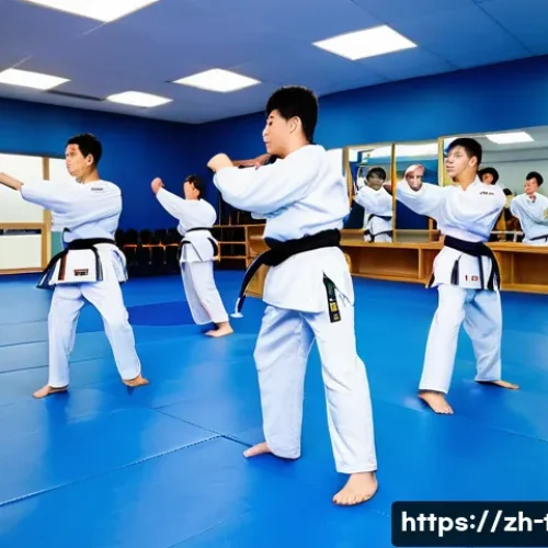 태권도 도장에서의 안전 규정 - **Warm-up and Dynamic Stretching in a Taekwondo Dojang:**
    "A vibrant scene inside a modern taekw...
