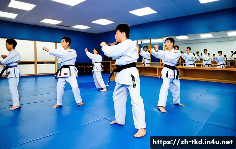 태권도 도장에서의 안전 규정 - **Warm-up and Dynamic Stretching in a Taekwondo Dojang:**
    "A vibrant scene inside a modern taekw...
